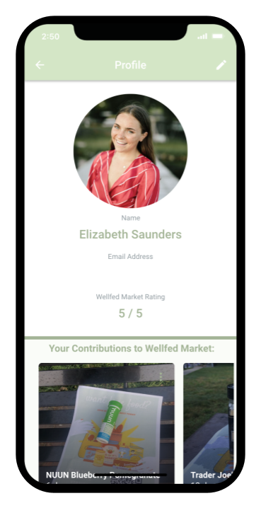 Wellfed Market app profile screen mockup showing user rating and food-sharing contributions